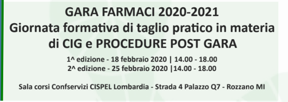 Gara Farmaco 20-21: giornata formativa di taglio pratico in materia di CIG e procedure post gara