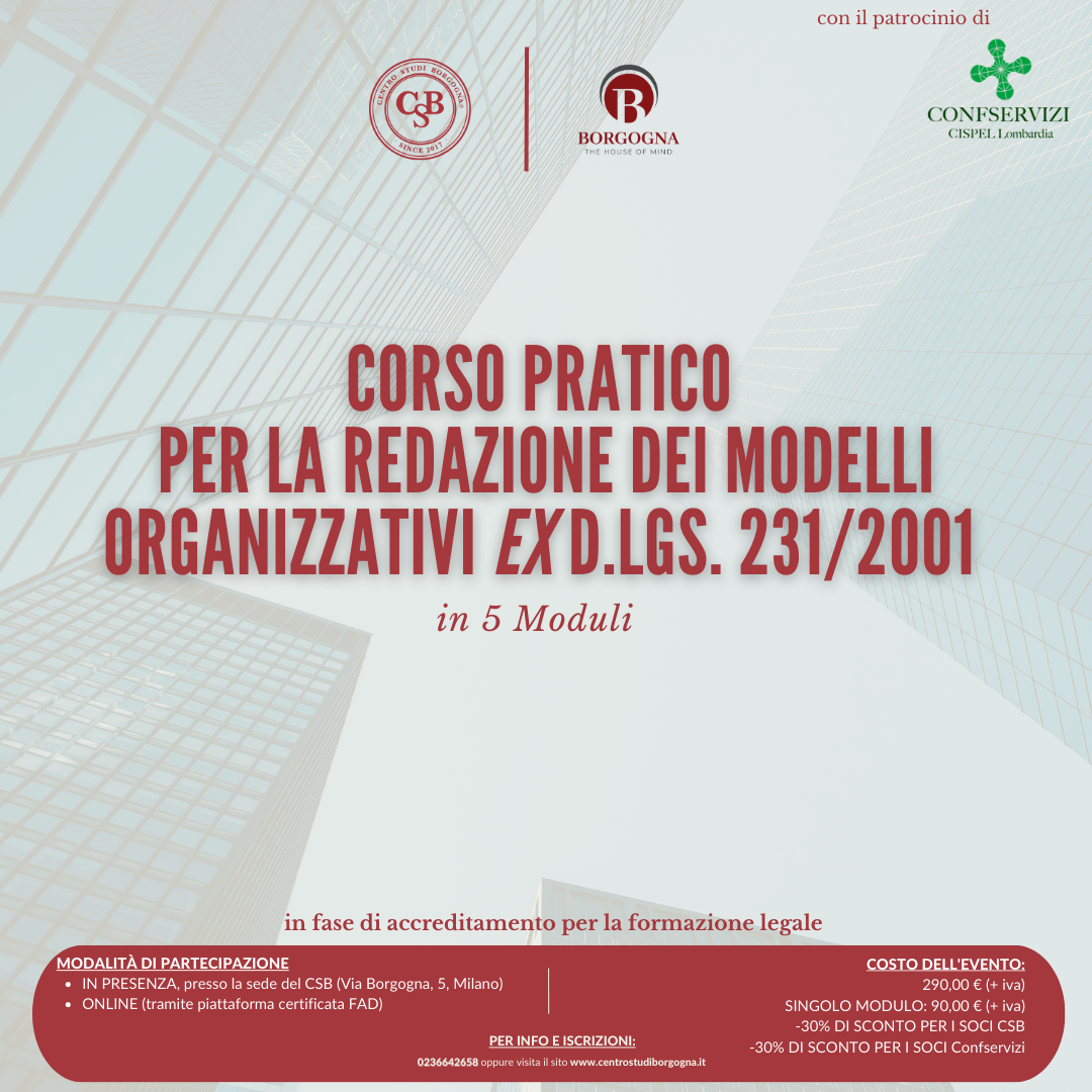 Corso pratico per la redazione dei modelli organizzativi ex D.lgs. 231/2001